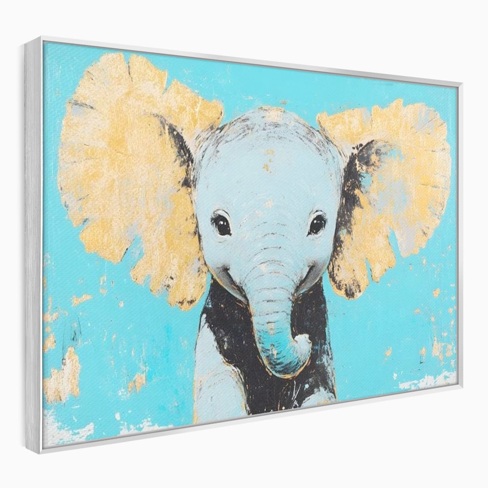 Tablou canvas cu tablou canvas cu un pui de elefant, in rama de aluminiu argintiu